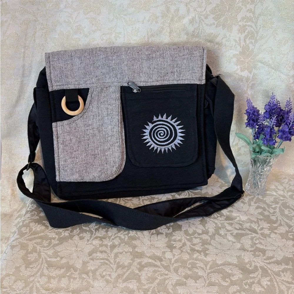 Puzzlestack’s Lukla Messenger Bag Black and Gray Embroidered Crossbody